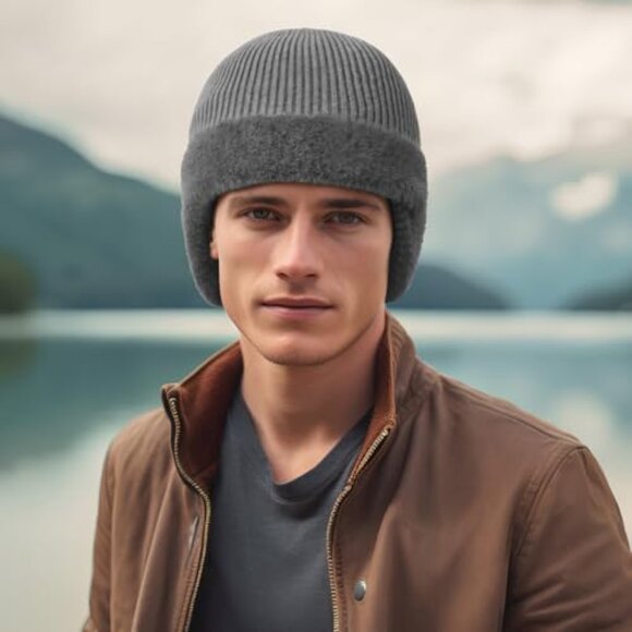 Fleece Lined Knit Beanie Earflap Hat Unisex Warm Winter Skull Cap